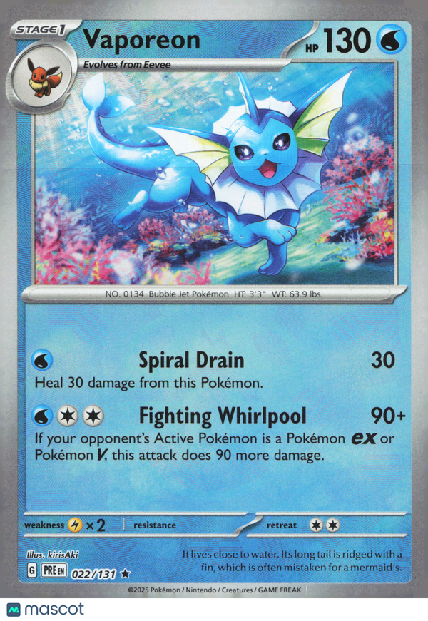 2025 Pokemon Scarlet & Violet Prismatic Evolutions Vaporeon #22/131