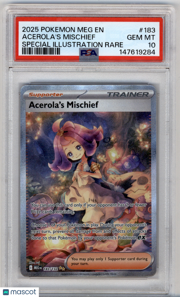2025 Pokemon Meg EN-Mega Evolution Acerola's Mischief #183 Special Illustration Rare PSA 10