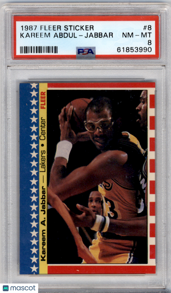 1987 Fleer Sticker Kareem Abdul-Jabbar #8 PSA 8