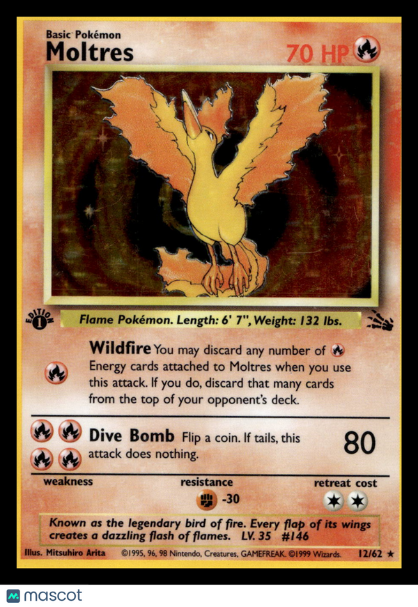 1999 Fossil Moltres #12/62 Holo 1st Edition