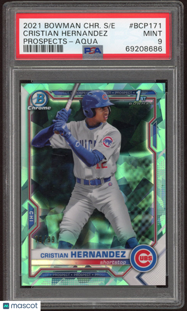 2021 Bowman Chrome Sapphire Prospects Cristian Hernandez #BCP171 Aqua PSA 9