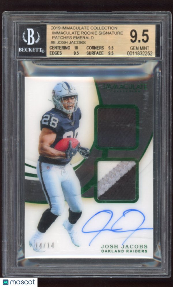 2019 Immac Collect Immaculate Rookie Sign Patches Emerald Josh Jacobs #8 BGS 9.5