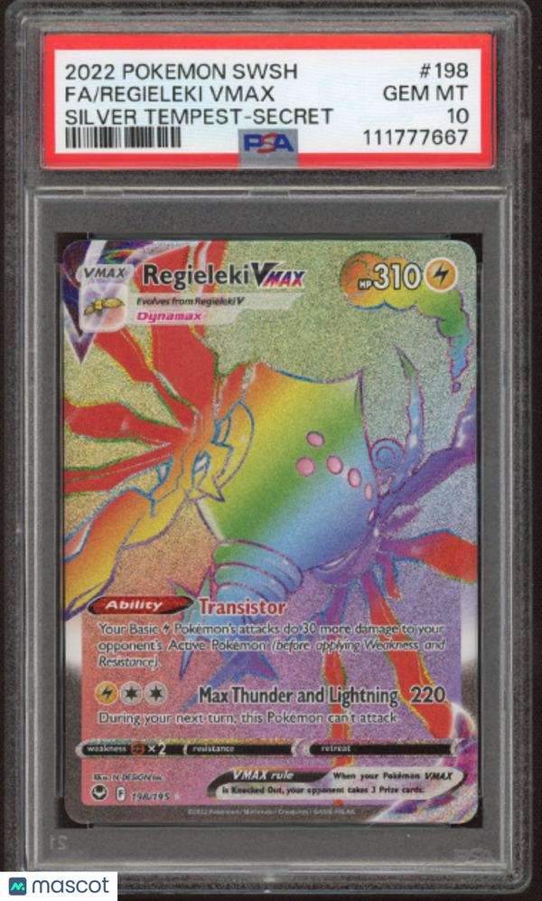 2022 Pokemon SWSH Silver Tempest Regieleki VMAX #198 -Secret Fa PSA 10