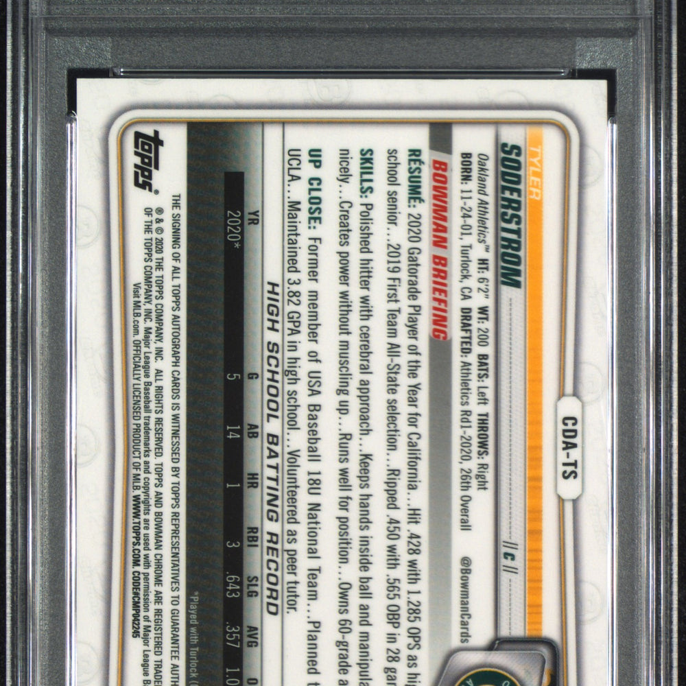 2020 Bowman Draft Chrome Draft Picks Autographs Tyler Soderstrom #CDATS Autograph PSA 10