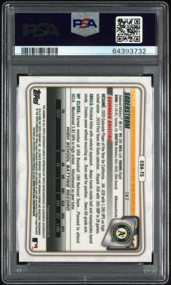 2020 Bowman Draft Chrome Draft Picks Autographs Tyler Soderstrom #CDATS Autograph PSA 10