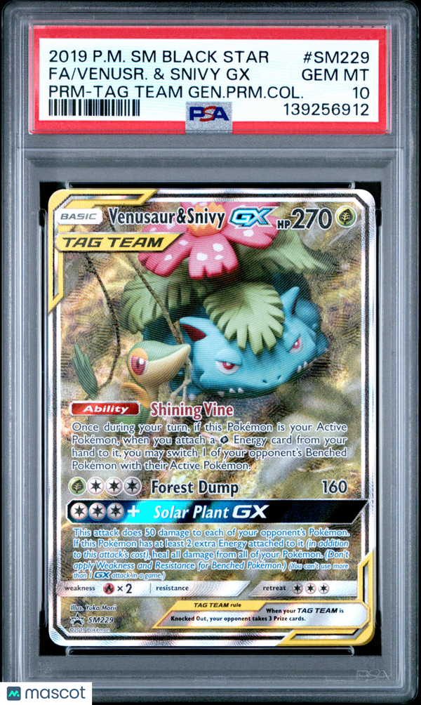 2019 Pokemon SM Black Star Promo Venusr. & Snivy GX #SM229 Fa PRM-TAG Team Gen.PRM.Col. PSA 10
