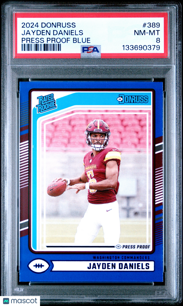 2024 Panini Donruss Jayden Daniels #389 Press Proof Blue PSA 8