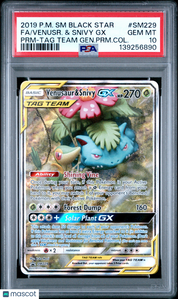 2019 Pokemon SM Black Star Promo Venusr. & Snivy GX #SM229 Fa PRM-TAG Team Gen.PRM.Col. PSA 10