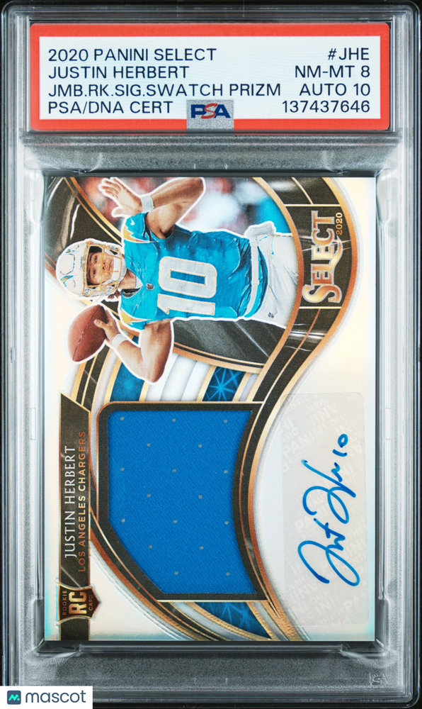 2020 Panini Select Jumbo RC Sig. Swatch Prizm Justin Herbert JMB. RK. SIG.PSA 8