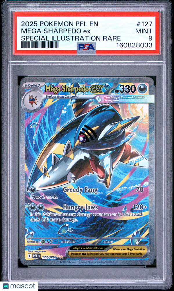 2025 Pokemon PFL EN-Phantasmal Flames Mega Sharpedo EX #127 Special Illustration Rare PSA 9