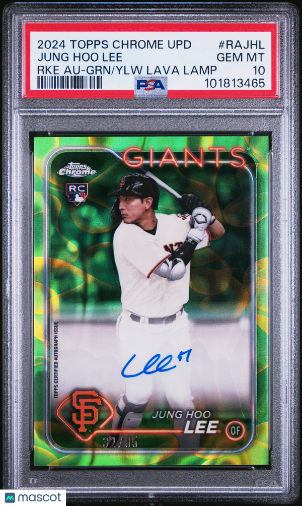 2024 Topps Chrome Update Chrome RC Auto Jung Hoo Lee GRN Ylw Lava Lamp PSA 10