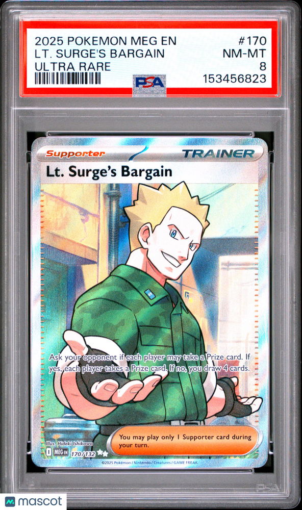 2025 Pokemon Meg EN-Mega Evolution LT. Surge's Bargain #170 Ultra Rare PSA 8