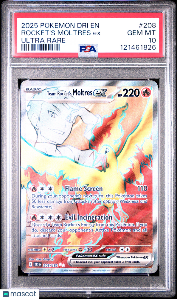 2025 Pokemon Dri EN-Destined Rivals Rocket's Moltres EX #208 Ultra Rare PSA 10