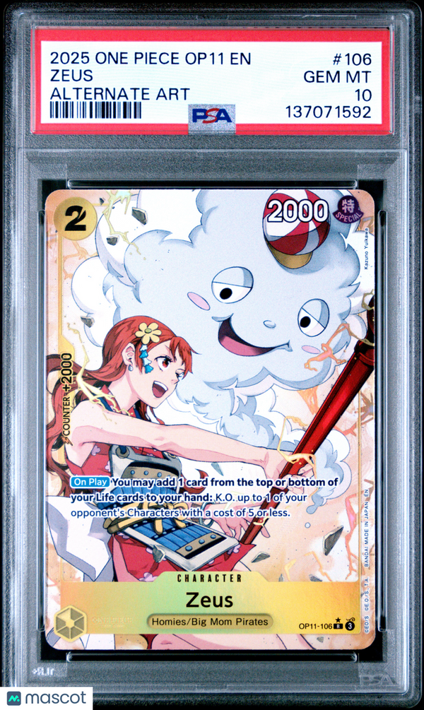 2025 One Piece Op11-A Fist Of Divine Speed Zeus #106 Alternate Art PSA 10