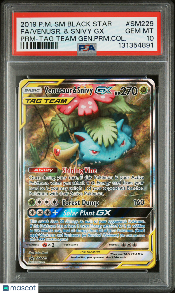 2019 Pokemon SM Black Star Promo Venusr. & Snivy GX #SM229 Fa PRM-TAG Team Gen.PRM.Col. PSA 10