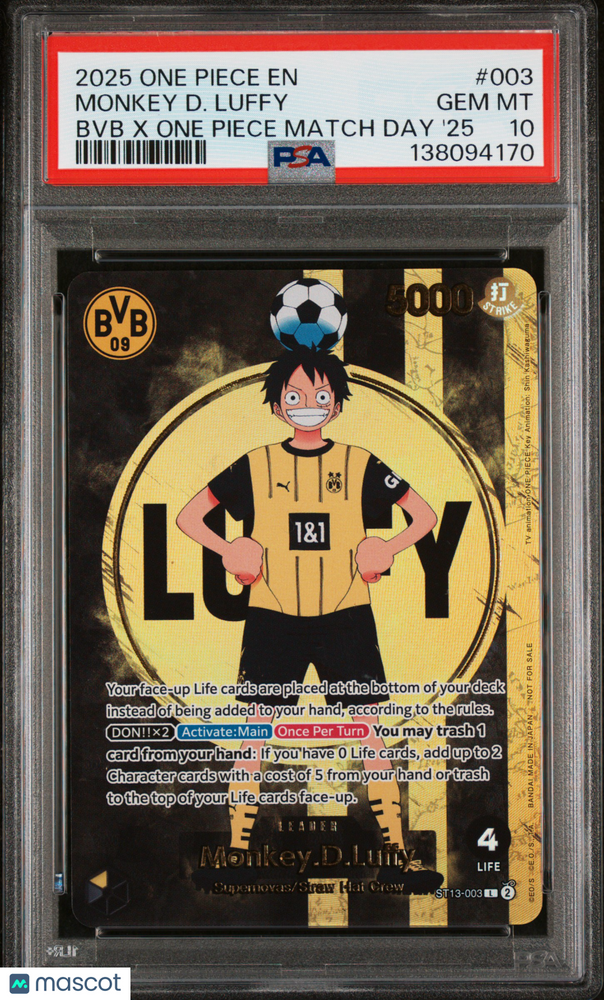 2025 One Piece Promos Monkey D. Luffy #003 BVB X One Piece Match Day '25 PSA 10
