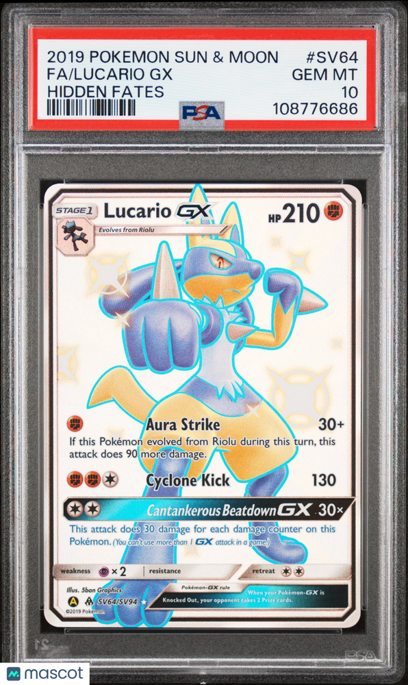 2019 Pokemon Sun & Moon Hidden Fates Lucario GX #SV64 Fa Hidden Fates PSA 10