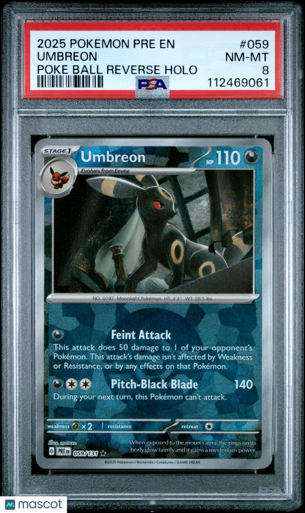 2025 Pokemon Prismatic Evolutions Umbreon #059 Poke Ball Reverse Holo PSA 8
