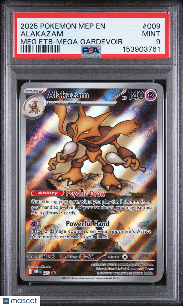 2025 Pokemon Mep EN-Me Black Star Promo Alakazam #009 Meg Etb-Mega Gardevoir PSA 9
