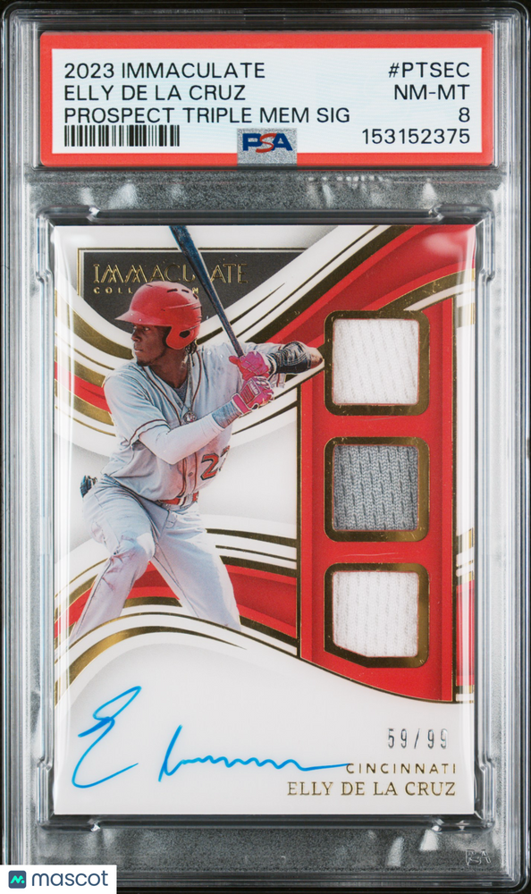 2023 Panini Immac Coll. Prospect Triple Mem Sig.Elly De La Cruz #PTSEC PSA 8