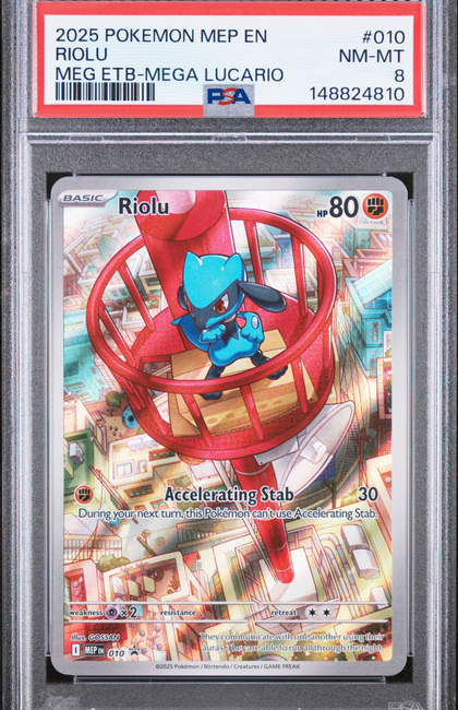 2025 Pokemon Mep EN-Mega Evolution Black Star Promos Riolu #010 Meg Etb-Mega Lucario PSA 8