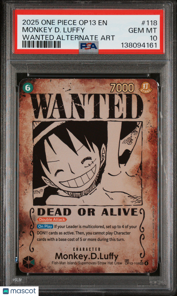 2025 One Piece Op13-Carrying On His Will Monkey D. Luffy #118 Wanted Alternate Art PSA 10