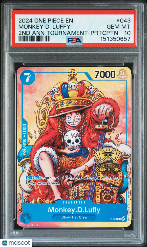 2024 One Piece Promos Monkey D. Luffy #043 2ND Ann Tournament-Prtcptn PSA 10