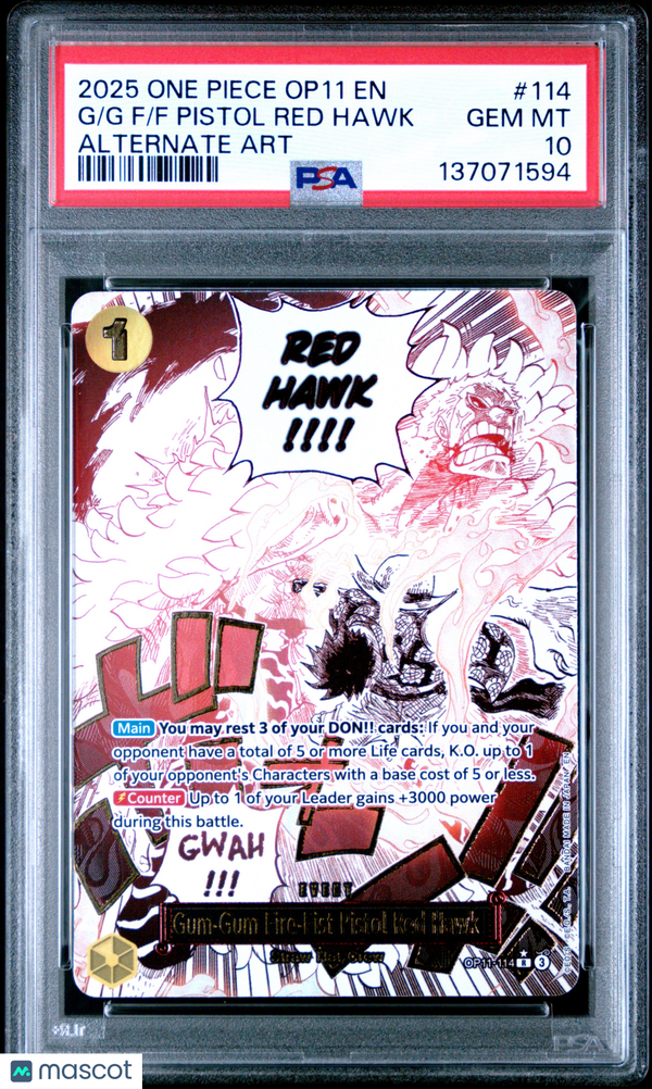 2025 One Piece Op11-A Fist Of Divine Speed F Pistol Red Hawk G F G #114 Alternate Art PSA 10