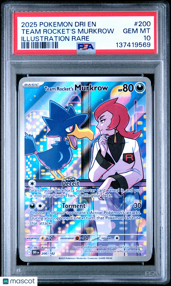 2025 Pokemon Dri EN-Destined Rivals Team Rocket's Murkrow #200 Illustration Rare PSA 10