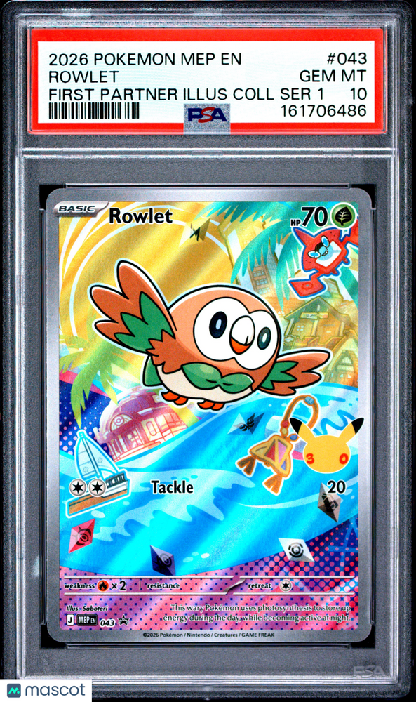 2026 Pokemon Mep EN-Me Black Star Promo Rowlet #043 First Partner Illus Coll Ser 1 PSA 10