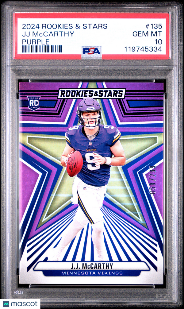 2024 Panini Rookies & Stars JJ Mccarthy #135 Purple PSA 10