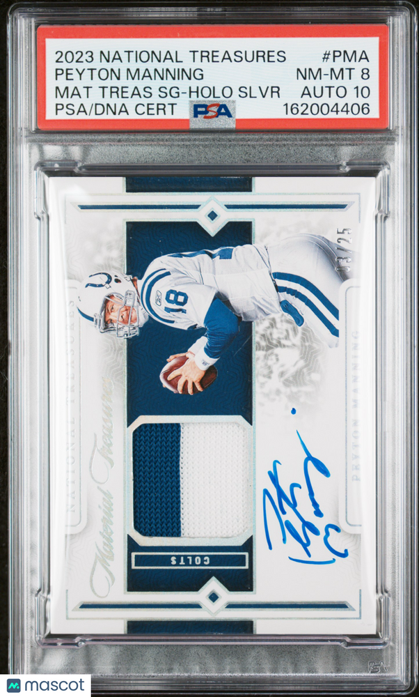 2023 Panini National Treasures Material Treasures Signatures Peyton Manning #PMA SG Holo Slvr PSA 8
