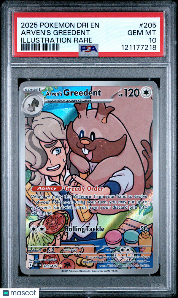 2025 Pokemon Dri EN-Destined Rivals Arven's Greedent #205 IR PSA 10