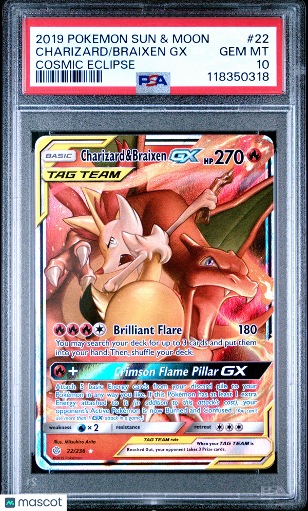 2019 Pokemon Sun & Moon Cosmic Eclipse Braixen GX Charizard #22 Cosmic Eclipse PSA 10