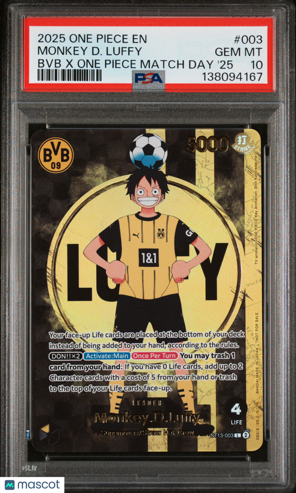 2025 One Piece Promos Monkey D. Luffy #003 BVB X One Piece Match Day '25 PSA 10