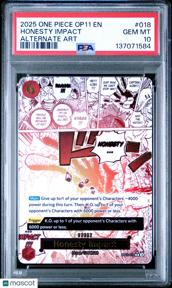 2025 One Piece Op11-A Fist Of Divine Speed Honesty Impact #018 Alternate Art PSA 10