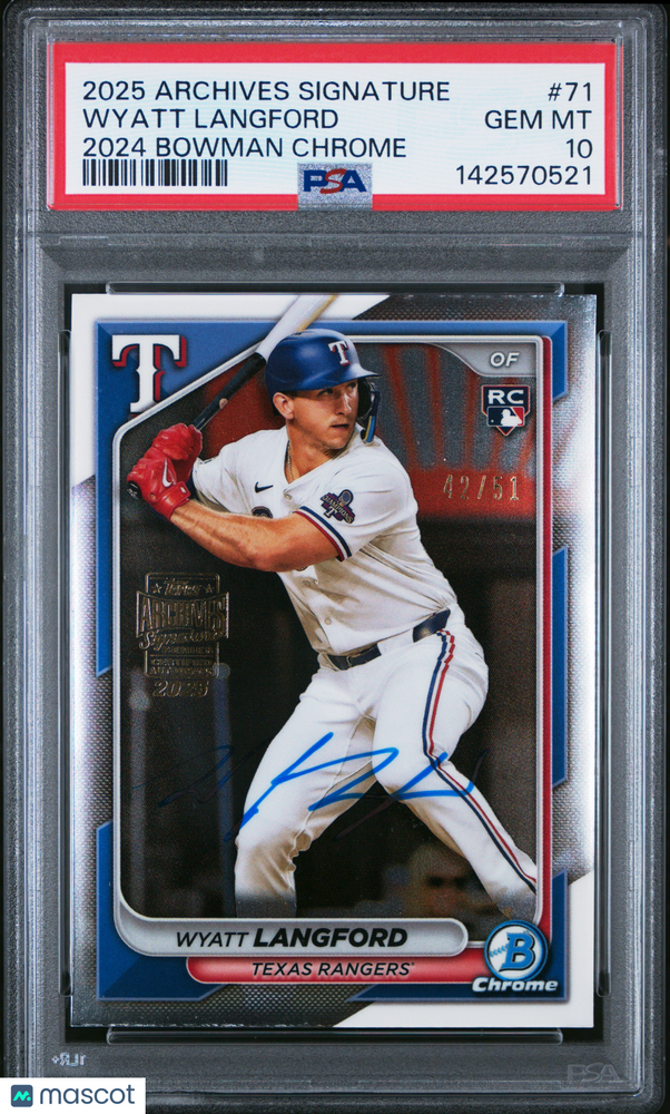 2025 Topps Archives Signature Series Wyatt Langford #71 2024 Bowman Chrome PSA 10
