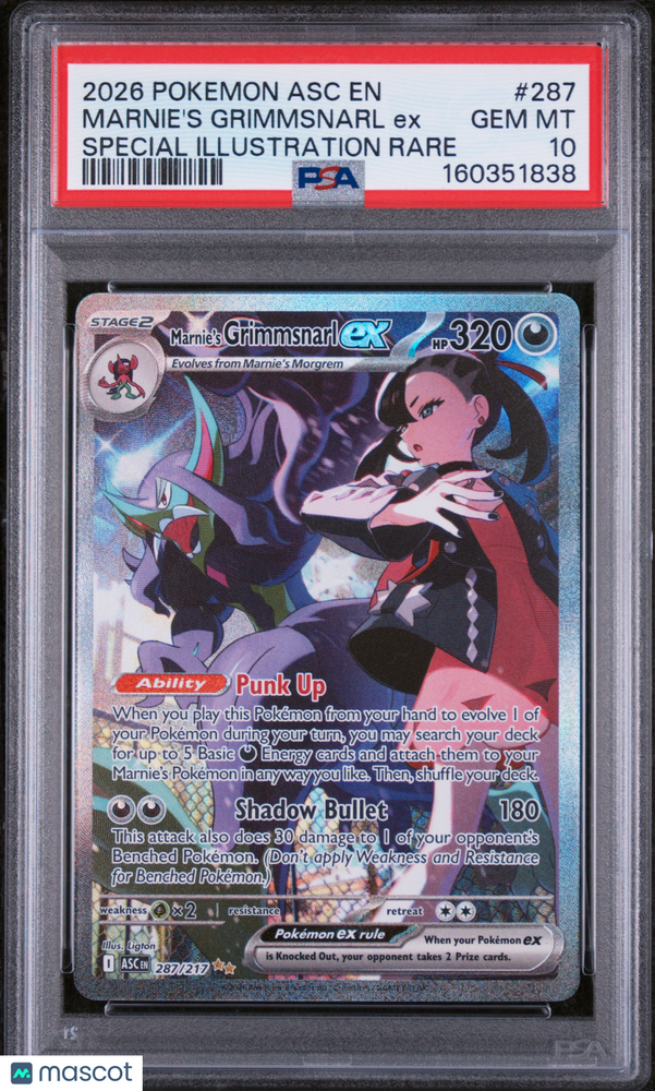 2026 Pokemon Asc EN-Ascended Heroes Marnie's Grimmsnarl EX #287 Special Illustration Rare PSA 10