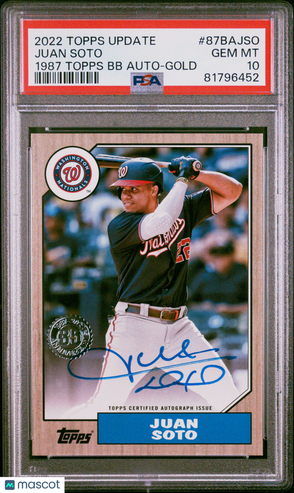 2022 Topps Update 1987 Topps Baseball Auto Juan Soto #87BAJSO BB Gold PSA 10