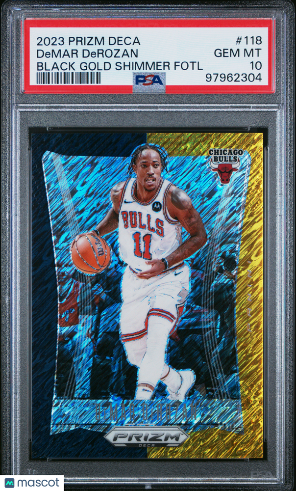 2023 Panini Prizm Deca DeMar DeRozan #118 Black Gold Shimmer Fotl PSA 10