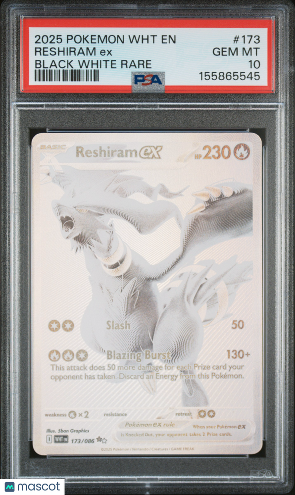 2025 Pokemon WHT EN-White Flare Reshiram EX #173 Black White Rare PSA 10