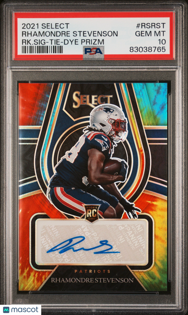 2021 Panini Select Signature Rhamondre Stevenson #RSRST SIG Tie Dye Prizm PSA 10