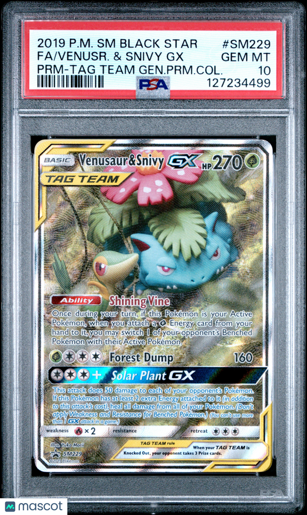 2019 Pokemon SM Black Star Promo Venusr. & Snivy GX #SM229 Fa PRM-TAG Team Gen.PRM.Col. PSA 10