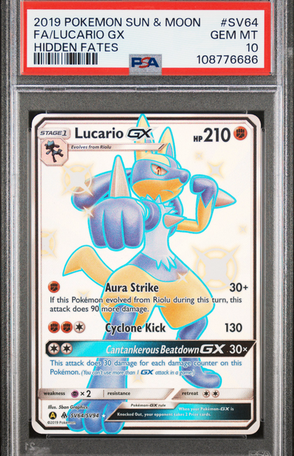 2019 Pokemon Sun & Moon Hidden Fates Lucario GX #SV64 Fa Hidden Fates PSA 10