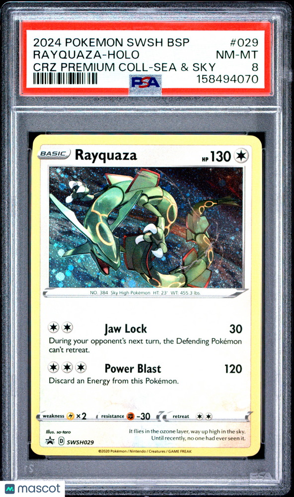 2024 Pokemon Sword & Shield Black Star Promos Rayquaza #029 CRZ Premium Coll-Sea & Sky PSA 8
