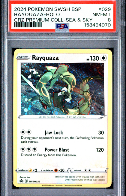 2024 Pokemon Sword & Shield Black Star Promos Rayquaza #029 CRZ Premium Coll-Sea & Sky PSA 8