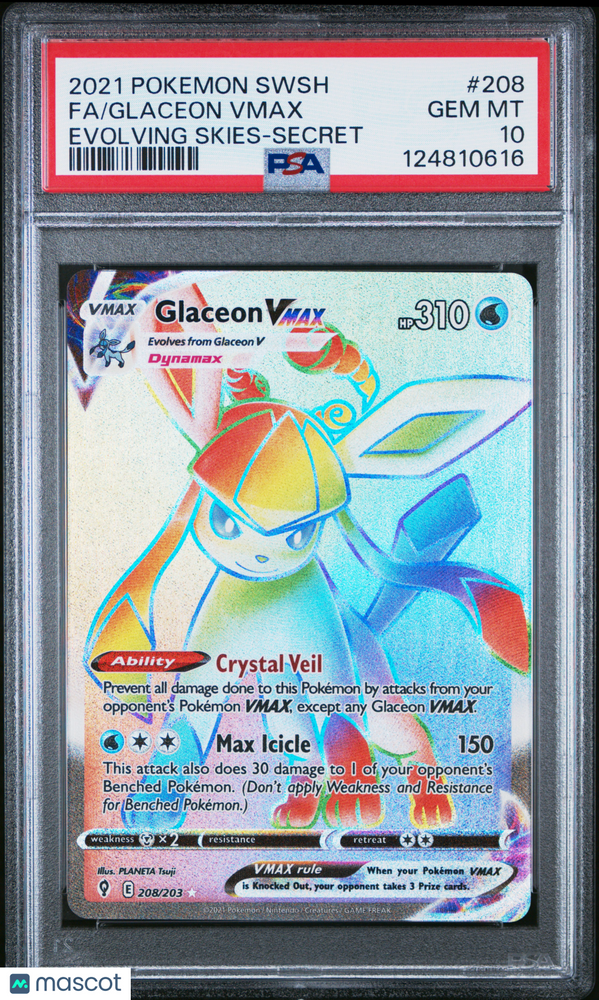 2021 Pokemon Sword & Shield Evolving Skies Glaceon VMAX #208 Fa Secret PSA 10