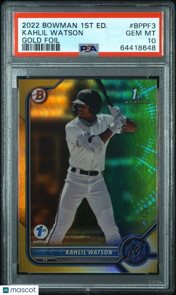 2022 Bowman 1ST Edition Kahlil Watson #BPPF3 Gold Foil PSA 10