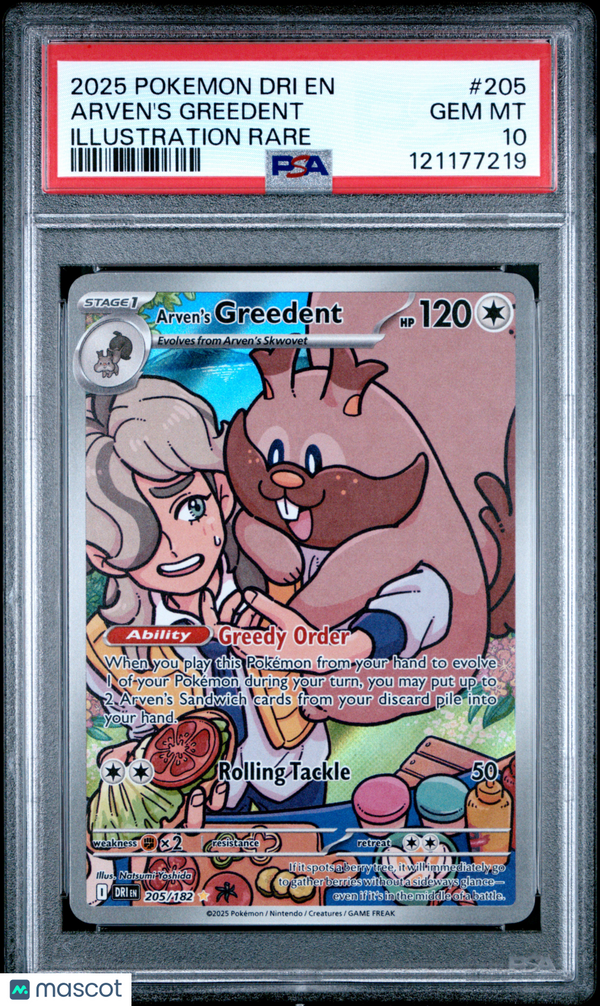 2025 Pokemon Dri EN-Destined Rivals Arven's Greedent #205 IR PSA 10