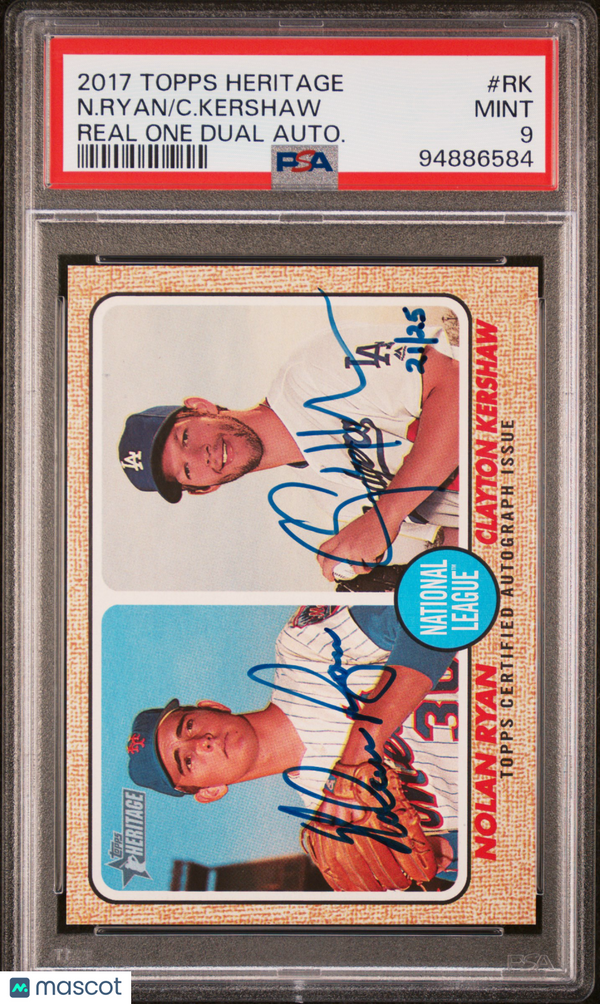 2017 Topps Heritage Real One Dual Autographs C. Kershaw N. Ryan #RK Autograph PSA 9